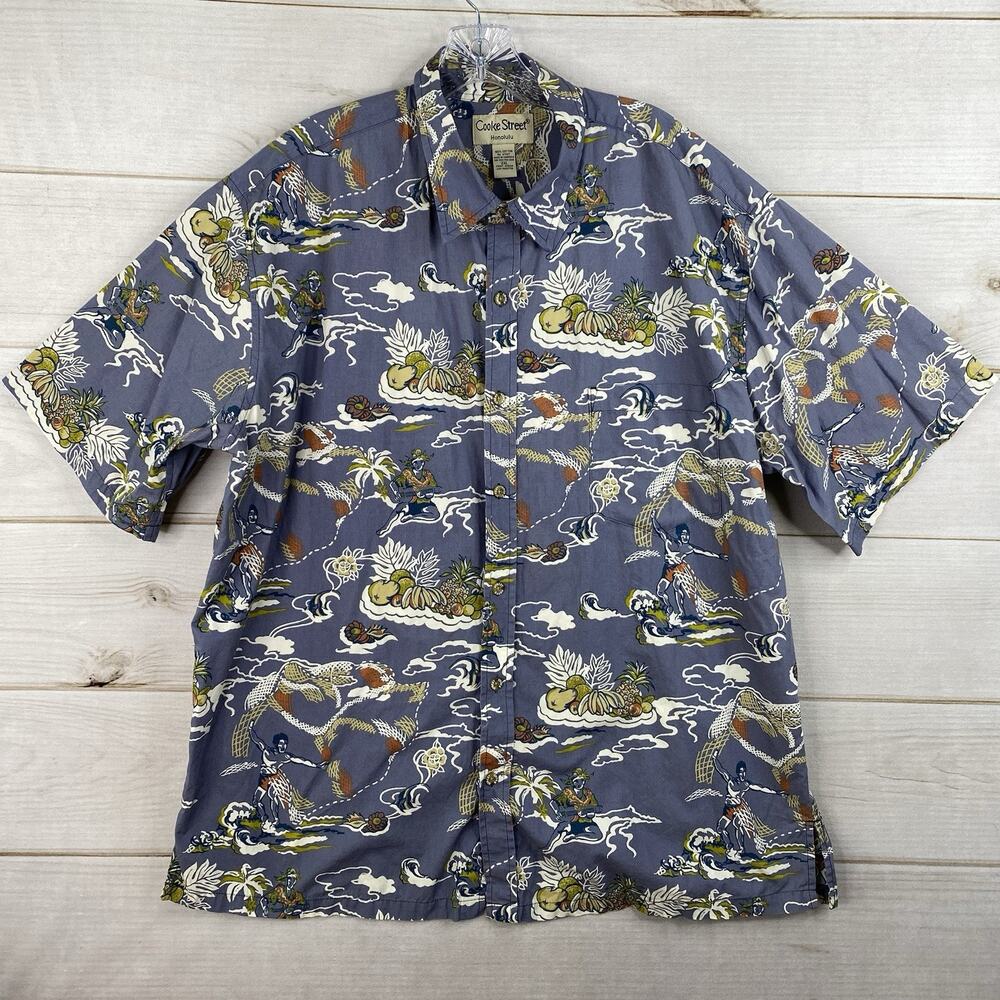 Cooke Street Hawaiian Shirt 2XL Floral Old Hawaii Island Reverse Print Pale Blue